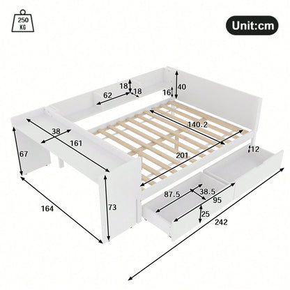 Flachbett, Holzbett, 140x200cm, mit Schreibtisch, ausgestattet mit 2 Schubladen, Doppelbett(Ohne Matratze), mit Regalen, Kiefer + Spanplatte, Rosa