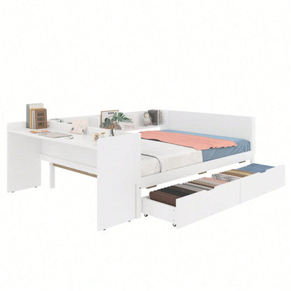 Flachbett, Holzbett, 140x200cm, mit Schreibtisch, ausgestattet mit 2 Schubladen, Doppelbett(Ohne Matratze), mit Regalen, Kiefer + Spanplatte, Rosa