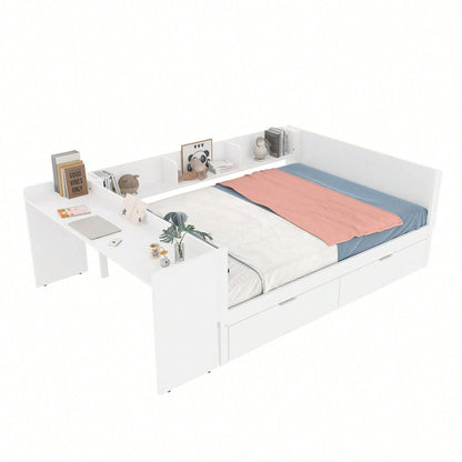Flachbett, Holzbett, 140x200cm, mit Schreibtisch, ausgestattet mit 2 Schubladen, Doppelbett(Ohne Matratze), mit Regalen, Kiefer + Spanplatte, Rosa