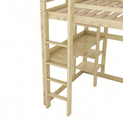 Kinderbett Hochbett Bettgestell mit Stauraum, komplett aus Kiefer, mit 4 Ablagefächern und einer Schreibtischplatte, Natur, 140 X 200 cm