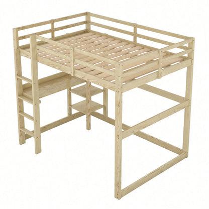 Kinderbett Hochbett Bettgestell mit Stauraum, komplett aus Kiefer, mit 4 Ablagefächern und einer Schreibtischplatte, Natur, 140 X 200 cm