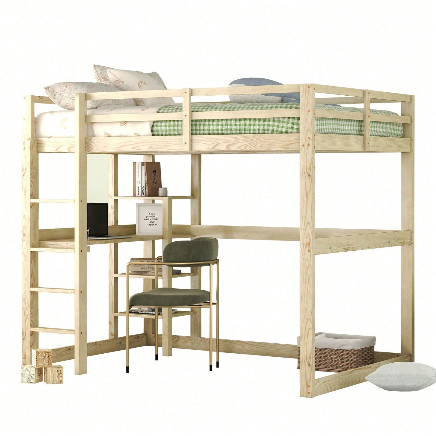 Kinderbett Hochbett Bettgestell mit Stauraum, komplett aus Kiefer, mit 4 Ablagefächern und einer Schreibtischplatte, Natur, 140 X 200 cm