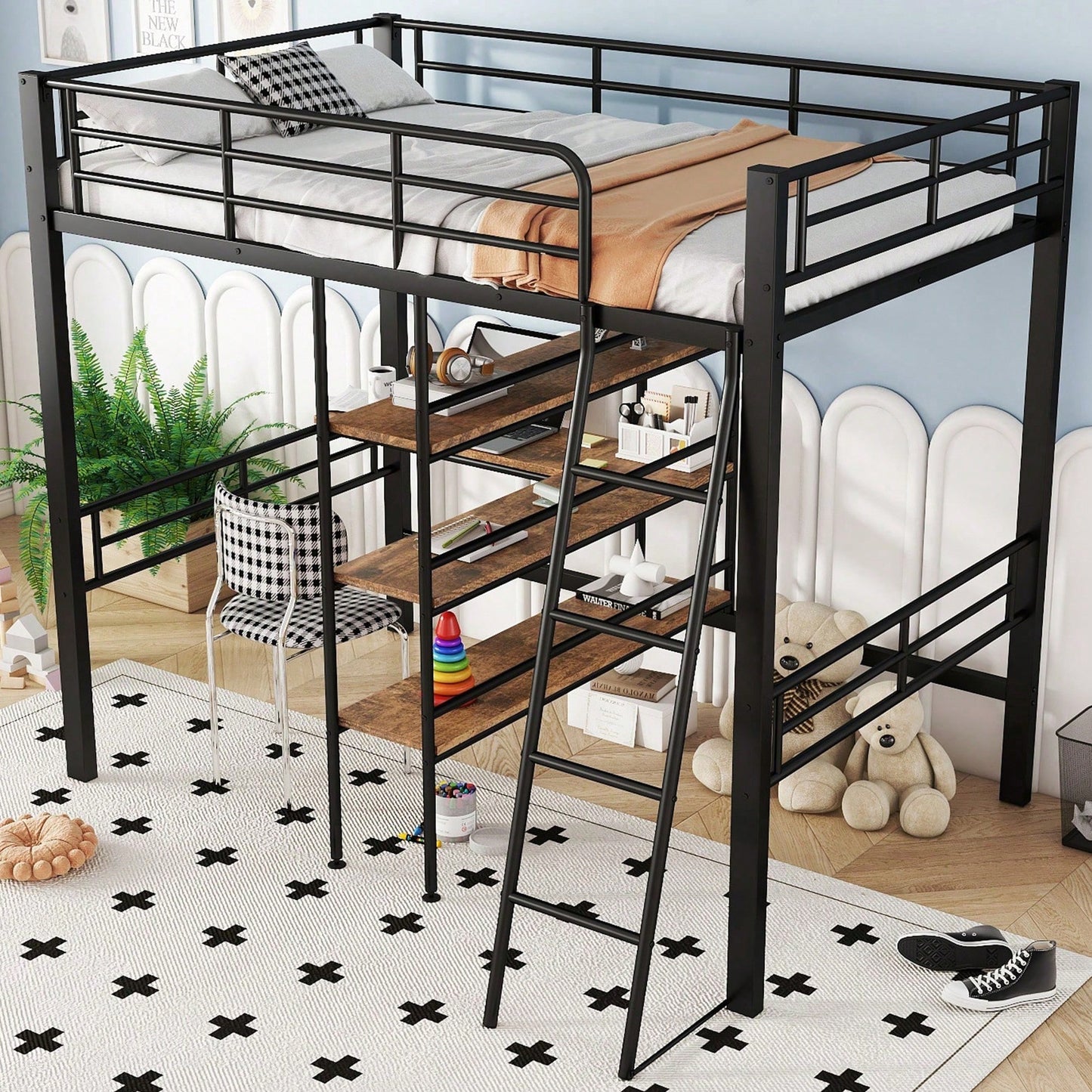 Hochbett, 90*200cm , ohne Matratze, Bett mit Schreibtisch, Mehrere Regale, Geländer, Leiter, Eisenrahmen, Schwarz