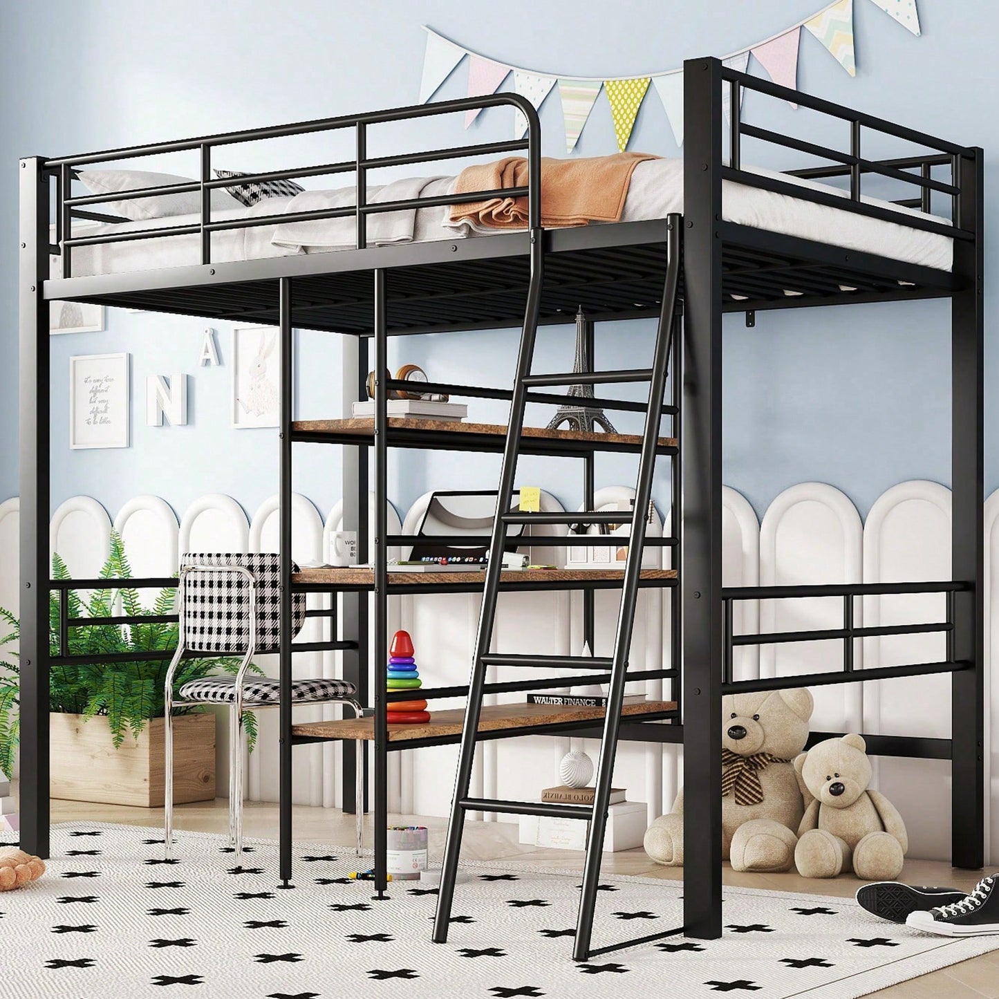 Hochbett, 90*200cm , ohne Matratze, Bett mit Schreibtisch, Mehrere Regale, Geländer, Leiter, Eisenrahmen, Schwarz