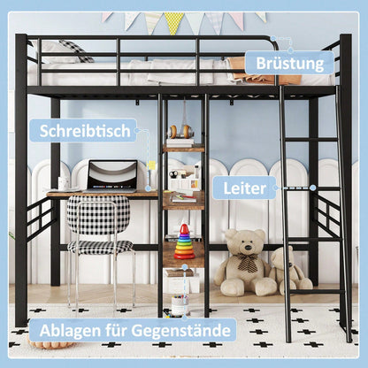 Hochbett, 90*200cm , ohne Matratze, Bett mit Schreibtisch, Mehrere Regale, Geländer, Leiter, Eisenrahmen, Schwarz