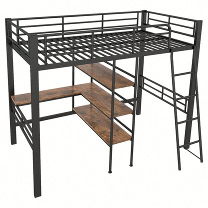 Hochbett, 90*200cm , ohne Matratze, Bett mit Schreibtisch, Mehrere Regale, Geländer, Leiter, Eisenrahmen, Schwarz