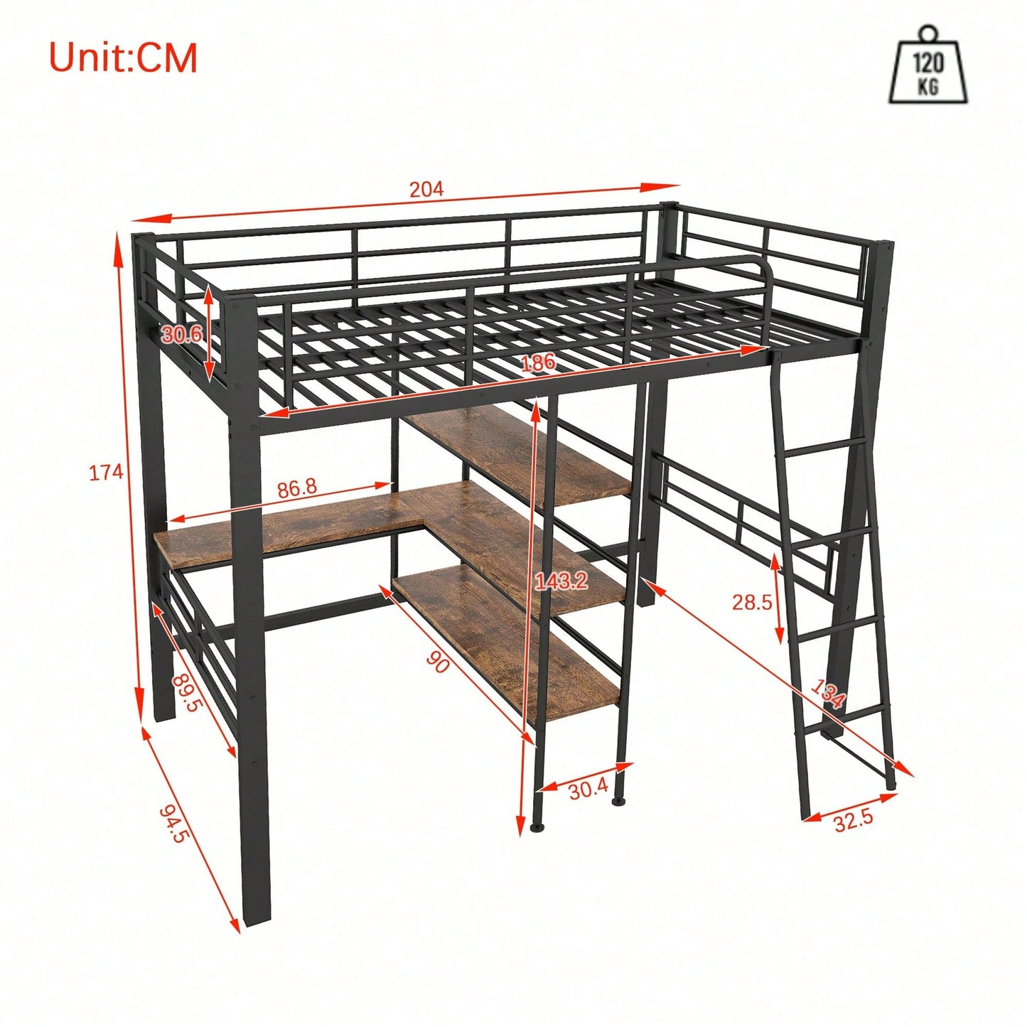 Hochbett, 90*200cm , ohne Matratze, Bett mit Schreibtisch, Mehrere Regale, Geländer, Leiter, Eisenrahmen, Schwarz