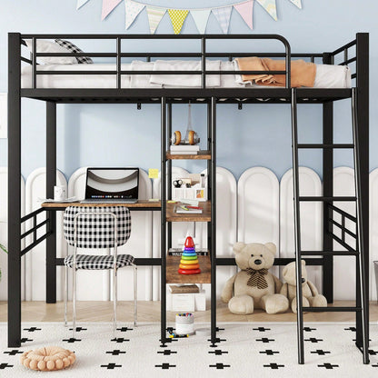 Hochbett, 90*200cm , ohne Matratze, Bett mit Schreibtisch, Mehrere Regale, Geländer, Leiter, Eisenrahmen, Schwarz