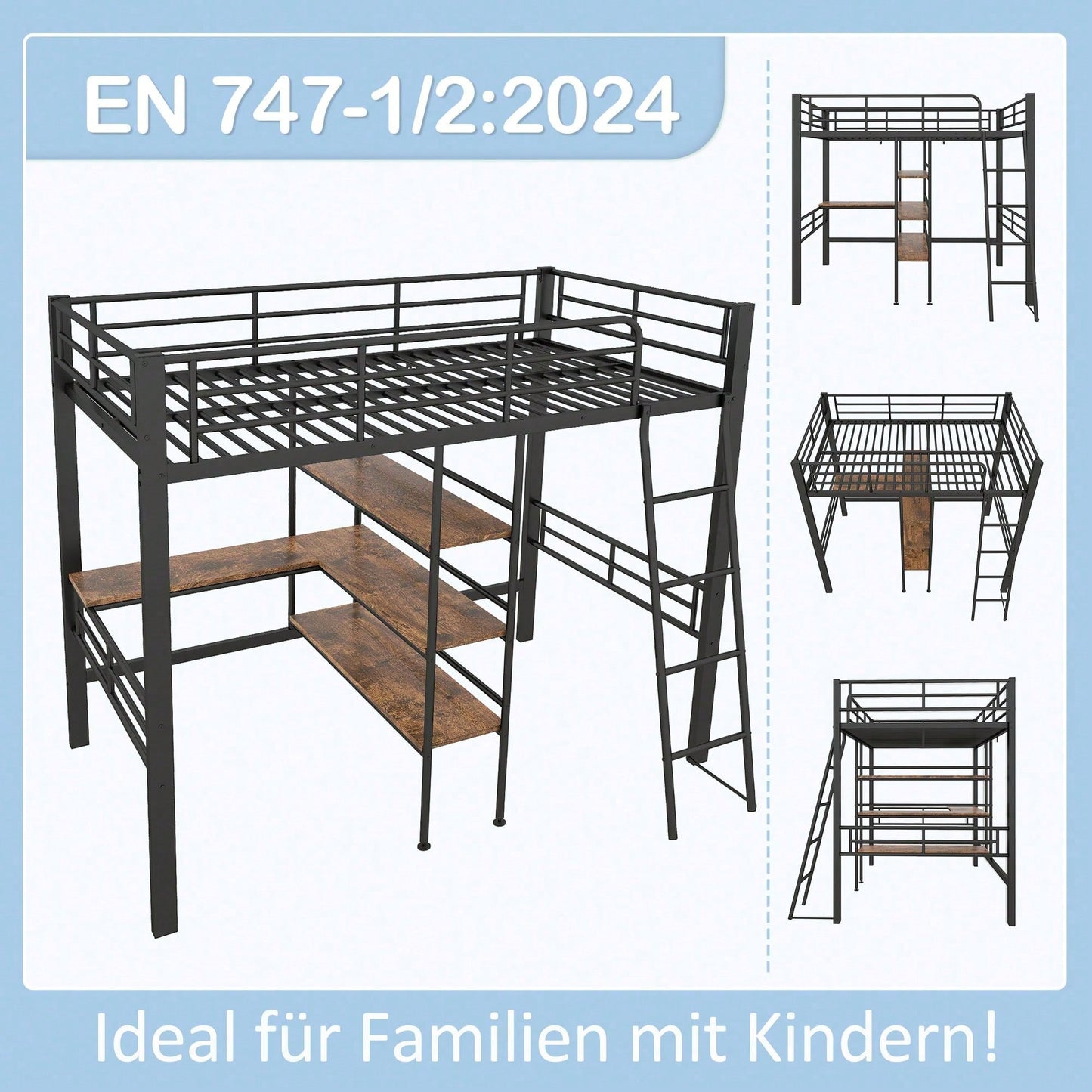 Hochbett, 90*200cm , ohne Matratze, Bett mit Schreibtisch, Mehrere Regale, Geländer, Leiter, Eisenrahmen, Schwarz