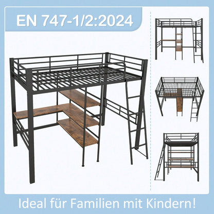 Hochbett, 90*200cm , ohne Matratze, Bett mit Schreibtisch, Mehrere Regale, Geländer, Leiter, Eisenrahmen, Schwarz