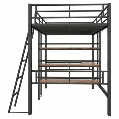 Hochbett, 90*200cm , ohne Matratze, Bett mit Schreibtisch, Mehrere Regale, Geländer, Leiter, Eisenrahmen, Schwarz