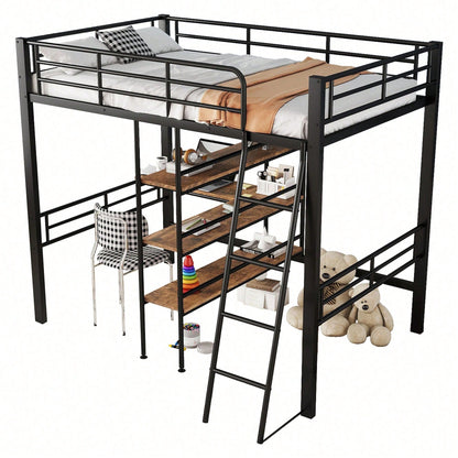 Hochbett, 90*200cm , ohne Matratze, Bett mit Schreibtisch, Mehrere Regale, Geländer, Leiter, Eisenrahmen, Schwarz