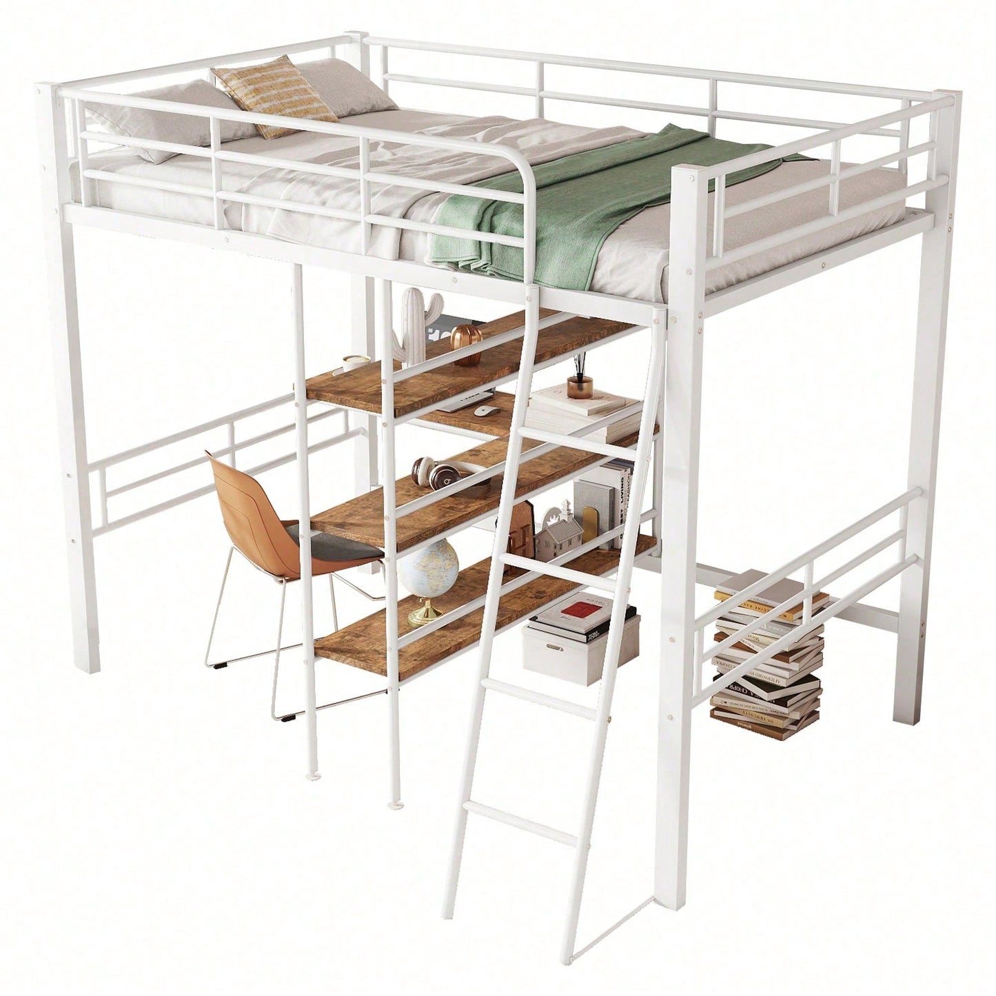 Hochbett, 90*200cm , ohne Matratze, Bett mit Schreibtisch, Mehrere Regale, Geländer, Leiter, Eisenrahmen, Schwarz