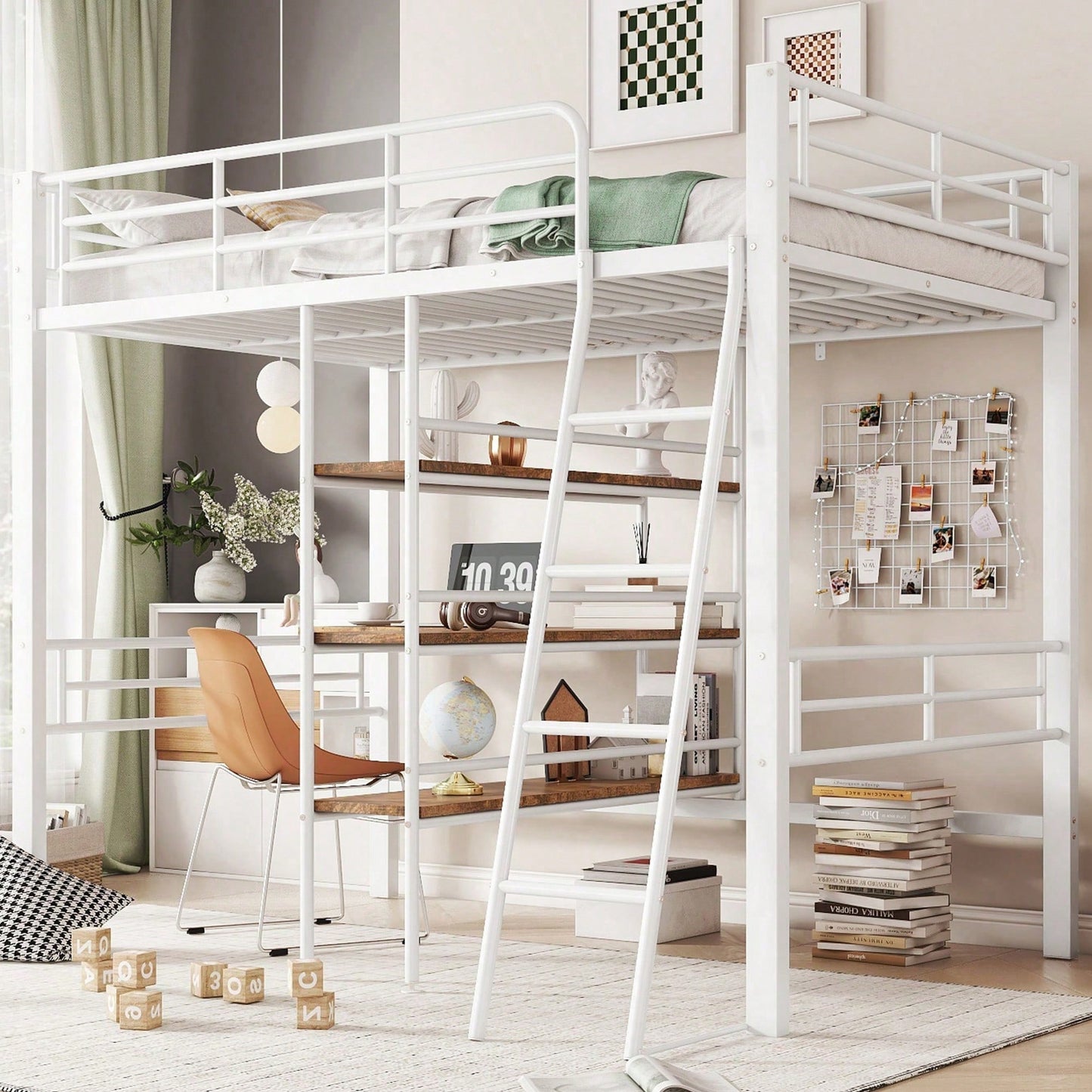Hochbett, 90*200cm , ohne Matratze, Bett mit Schreibtisch, Mehrere Regale, Geländer, Leiter, Eisenrahmen, Schwarz