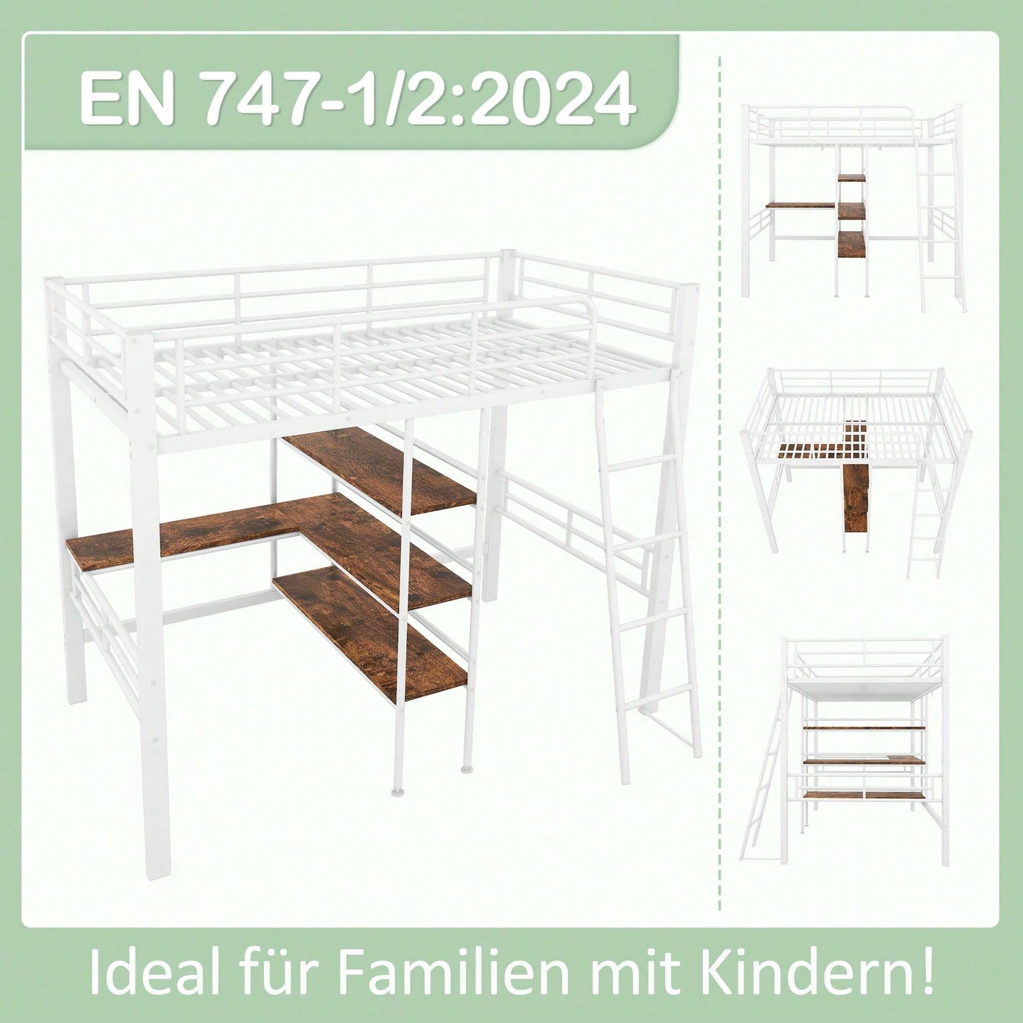 Hochbett, 90*200cm , ohne Matratze, Bett mit Schreibtisch, Mehrere Regale, Geländer, Leiter, Eisenrahmen, Schwarz