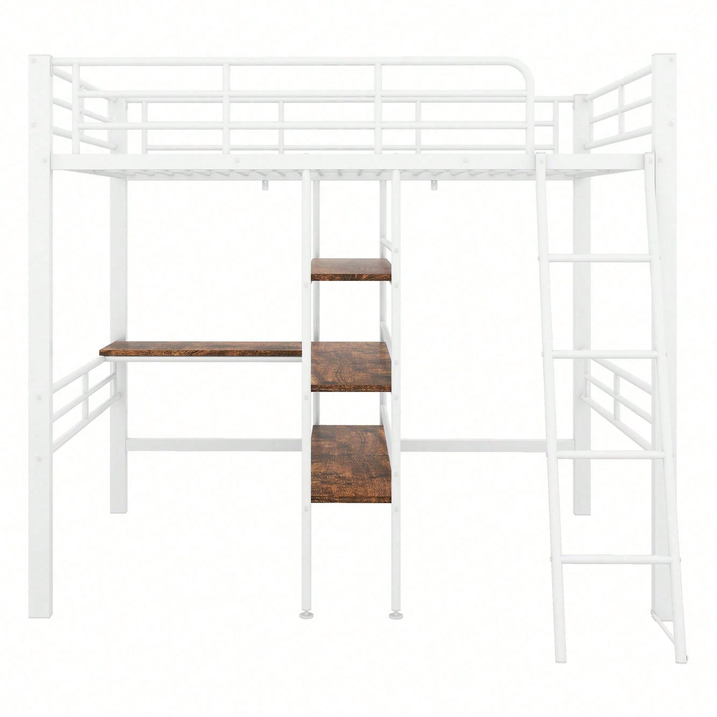 Hochbett, 90*200cm , ohne Matratze, Bett mit Schreibtisch, Mehrere Regale, Geländer, Leiter, Eisenrahmen, Schwarz