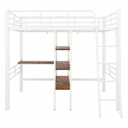 Hochbett, 90*200cm , ohne Matratze, Bett mit Schreibtisch, Mehrere Regale, Geländer, Leiter, Eisenrahmen, Schwarz