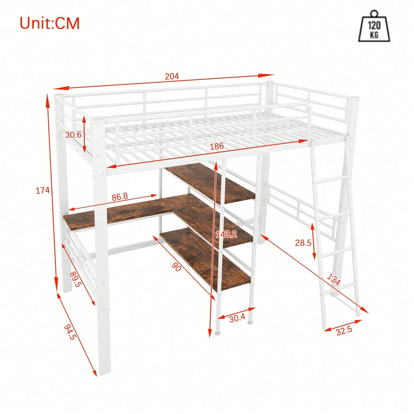 Hochbett, 90*200cm , ohne Matratze, Bett mit Schreibtisch, Mehrere Regale, Geländer, Leiter, Eisenrahmen, Schwarz