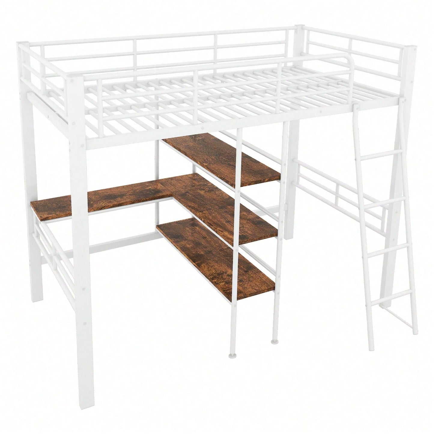 Hochbett, 90*200cm , ohne Matratze, Bett mit Schreibtisch, Mehrere Regale, Geländer, Leiter, Eisenrahmen, Schwarz