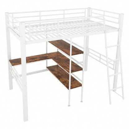 Hochbett, 90*200cm , ohne Matratze, Bett mit Schreibtisch, Mehrere Regale, Geländer, Leiter, Eisenrahmen, Schwarz