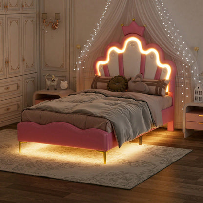 90*200cm Flaches Doppelbett, kronenförmiges Prinzessinnenbett, weiche Polsterung aus PU-Leder, verstellbarer LED-Umgebungslichtstreifen, Rosa