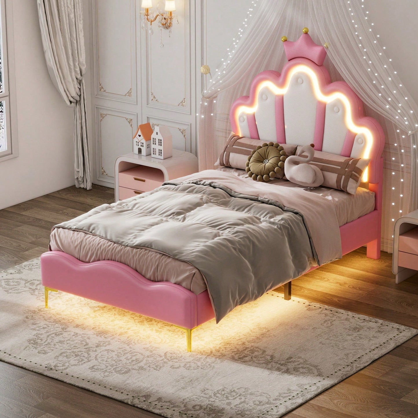 90*200cm Flaches Doppelbett, kronenförmiges Prinzessinnenbett, weiche Polsterung aus PU-Leder, verstellbarer LED-Umgebungslichtstreifen, Rosa