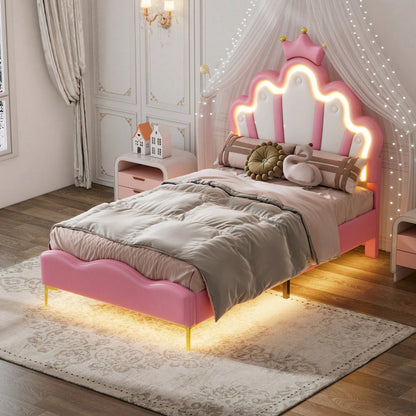 90*200cm Flaches Doppelbett, kronenförmiges Prinzessinnenbett, weiche Polsterung aus PU-Leder, verstellbarer LED-Umgebungslichtstreifen, Rosa