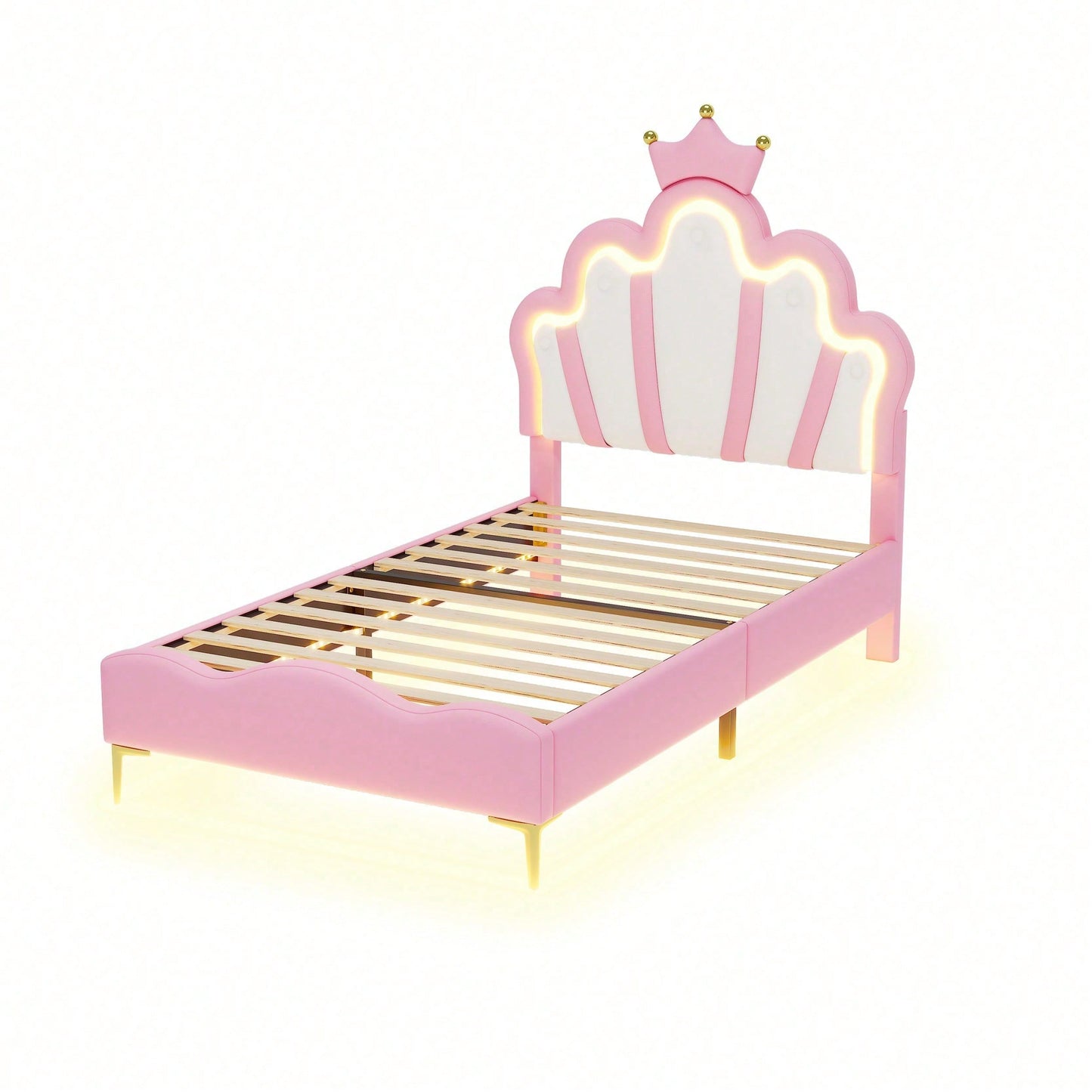 90*200cm Flaches Doppelbett, kronenförmiges Prinzessinnenbett, weiche Polsterung aus PU-Leder, verstellbarer LED-Umgebungslichtstreifen, Rosa