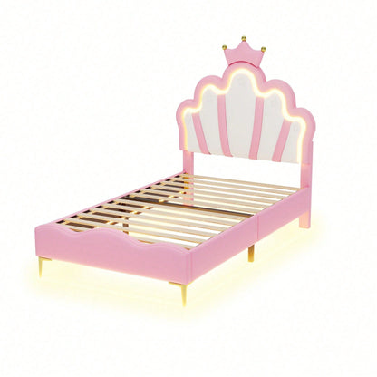 90*200cm Flaches Doppelbett, kronenförmiges Prinzessinnenbett, weiche Polsterung aus PU-Leder, verstellbarer LED-Umgebungslichtstreifen, Rosa