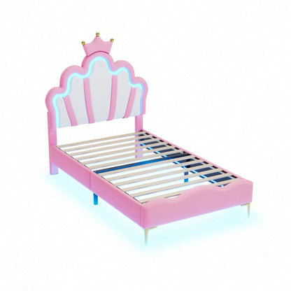 90*200cm Flaches Doppelbett, kronenförmiges Prinzessinnenbett, weiche Polsterung aus PU-Leder, verstellbarer LED-Umgebungslichtstreifen, Rosa