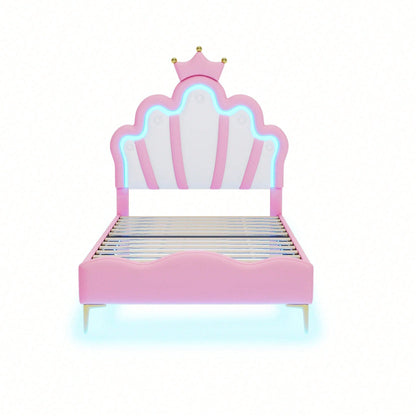 90*200cm Flaches Doppelbett, kronenförmiges Prinzessinnenbett, weiche Polsterung aus PU-Leder, verstellbarer LED-Umgebungslichtstreifen, Rosa