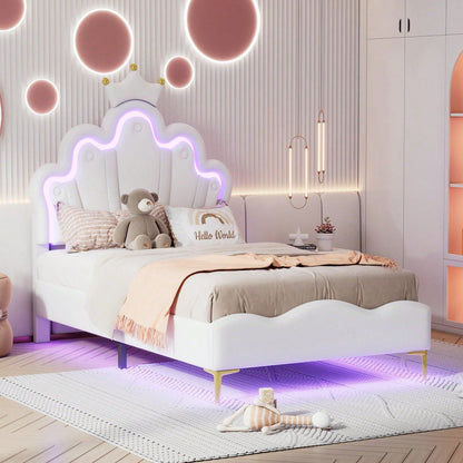 90*200cm Flaches Doppelbett, kronenförmiges Prinzessinnenbett, weiche Polsterung aus PU-Leder, verstellbarer LED-Umgebungslichtstreifen, Rosa