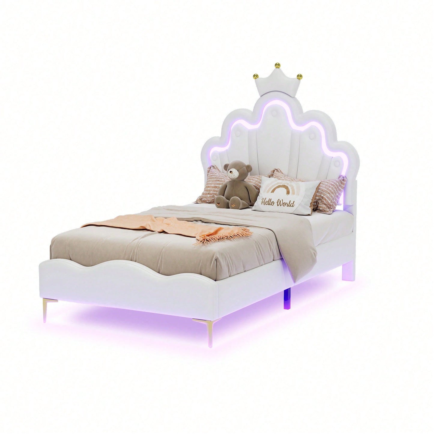 90*200cm Flaches Doppelbett, kronenförmiges Prinzessinnenbett, weiche Polsterung aus PU-Leder, verstellbarer LED-Umgebungslichtstreifen, Rosa
