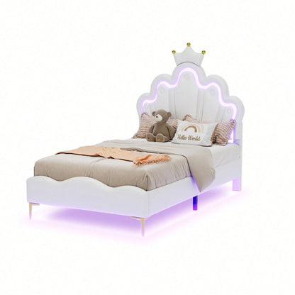 90*200cm Flaches Doppelbett, kronenförmiges Prinzessinnenbett, weiche Polsterung aus PU-Leder, verstellbarer LED-Umgebungslichtstreifen, Rosa
