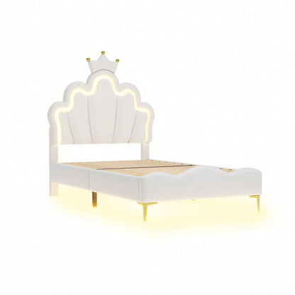 90*200cm Flaches Doppelbett, kronenförmiges Prinzessinnenbett, weiche Polsterung aus PU-Leder, verstellbarer LED-Umgebungslichtstreifen, Rosa