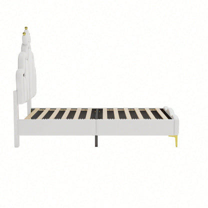 90*200cm Flaches Doppelbett, kronenförmiges Prinzessinnenbett, weiche Polsterung aus PU-Leder, verstellbarer LED-Umgebungslichtstreifen, Rosa