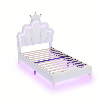 90*200cm Flaches Doppelbett, kronenförmiges Prinzessinnenbett, weiche Polsterung aus PU-Leder, verstellbarer LED-Umgebungslichtstreifen, Rosa