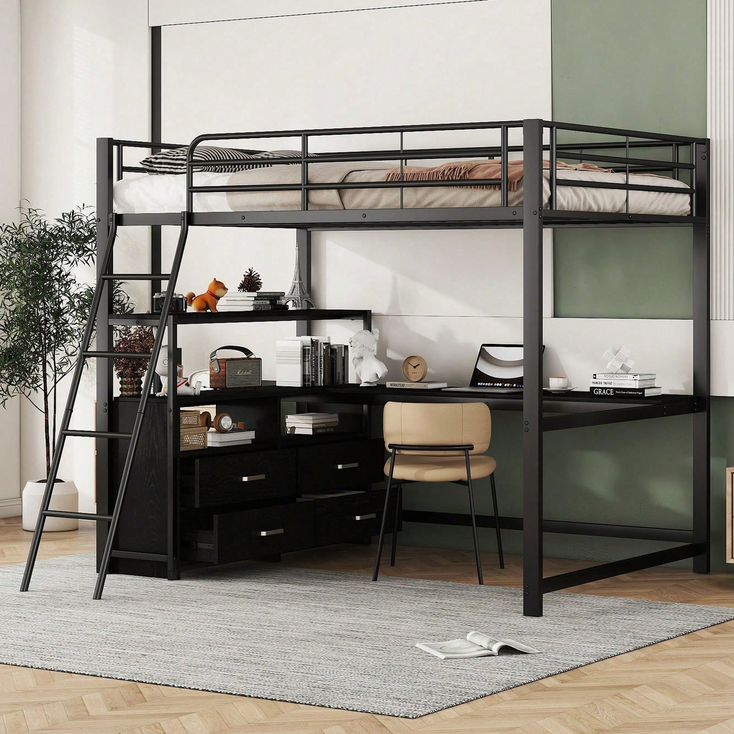 Hochbett, 140*200cm , Eisenrahmenbett, praktische Schubladen, stilvoller L-förmiger Schreibtisch, Laminatdesign, Ohne Matratze, Weiß