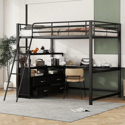 Hochbett, 140*200cm , Eisenrahmenbett, praktische Schubladen, stilvoller L-förmiger Schreibtisch, Laminatdesign, Ohne Matratze, Weiß