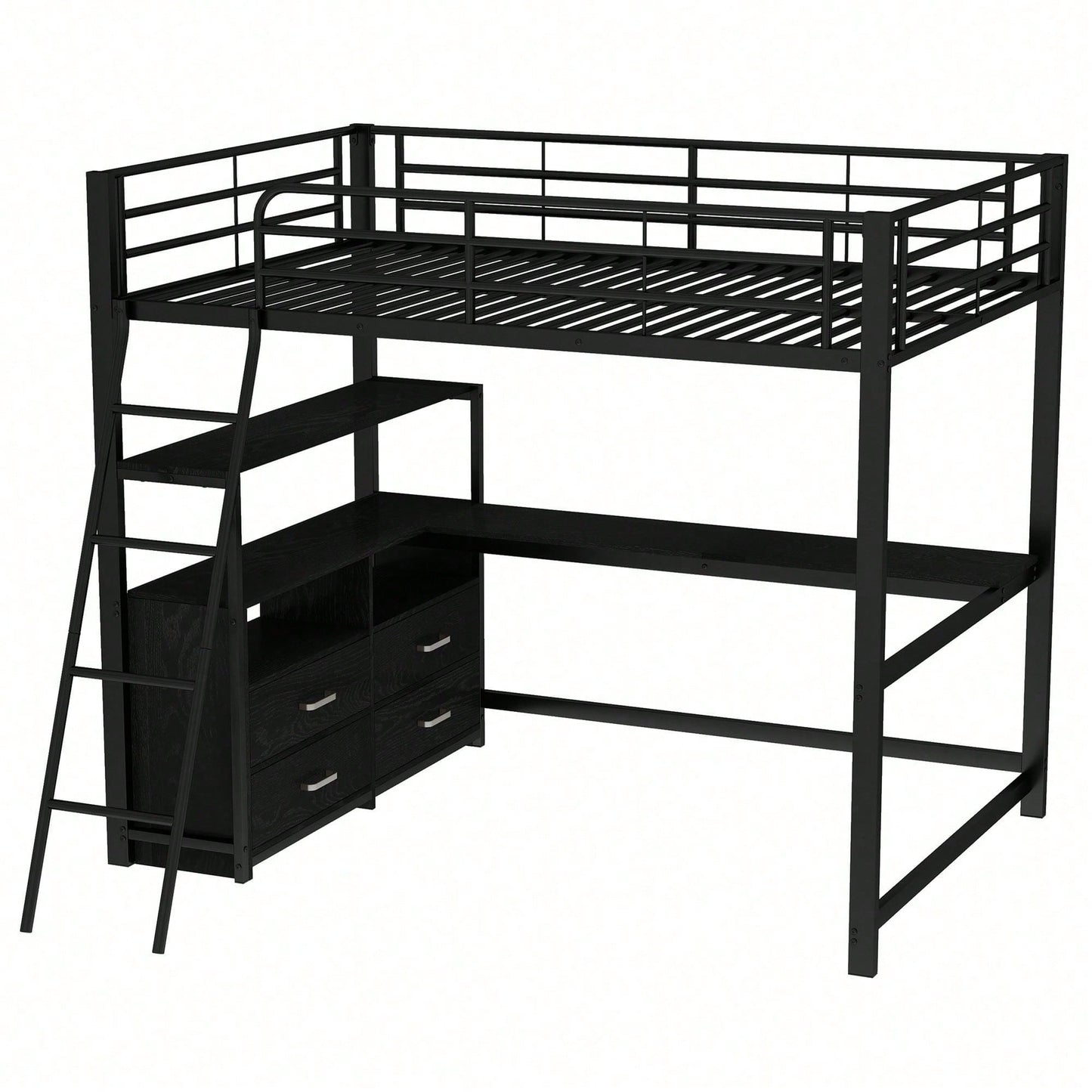 Hochbett, 140*200cm , Eisenrahmenbett, praktische Schubladen, stilvoller L-förmiger Schreibtisch, Laminatdesign, Ohne Matratze, Weiß