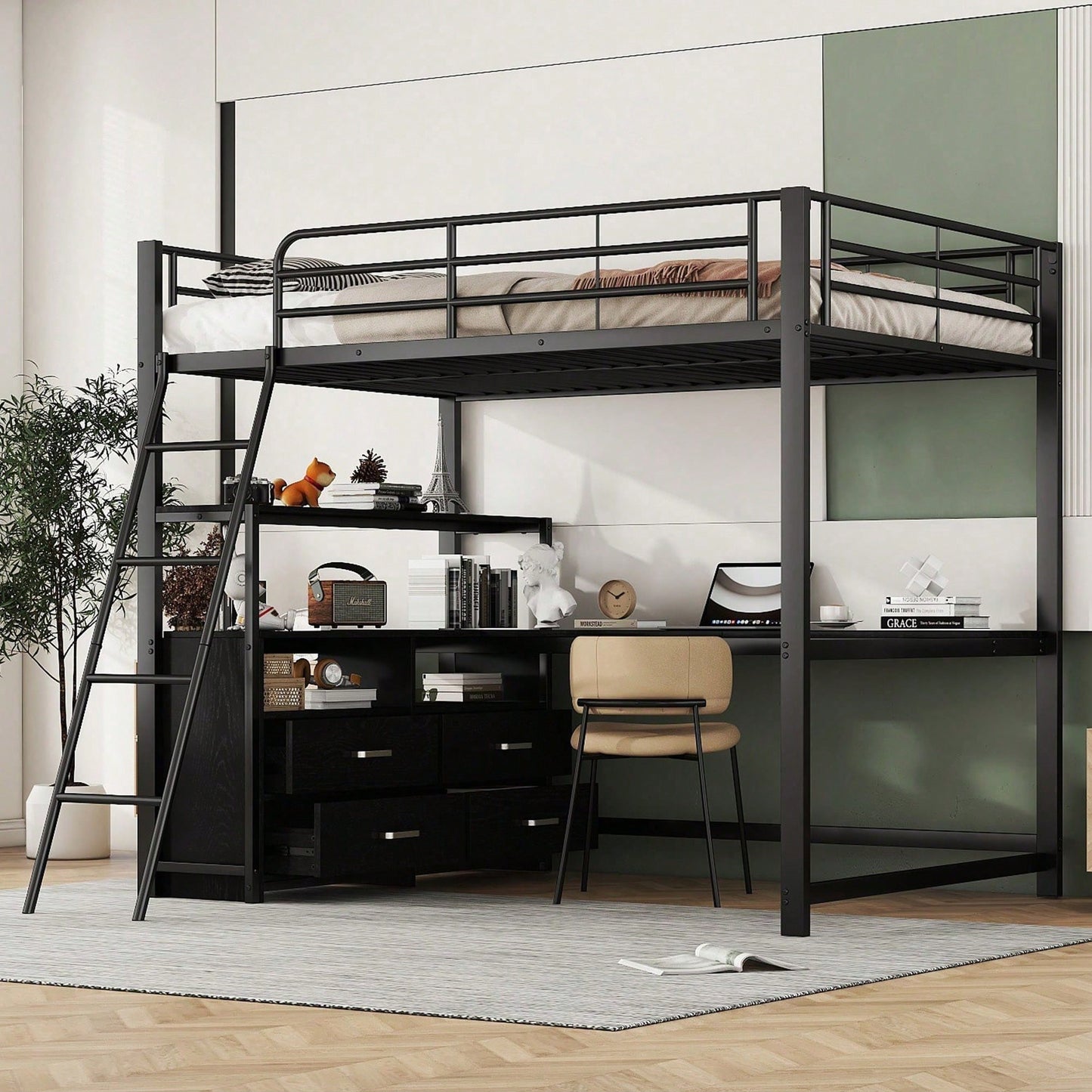 Hochbett, 140*200cm , Eisenrahmenbett, praktische Schubladen, stilvoller L-förmiger Schreibtisch, Laminatdesign, Ohne Matratze, Weiß