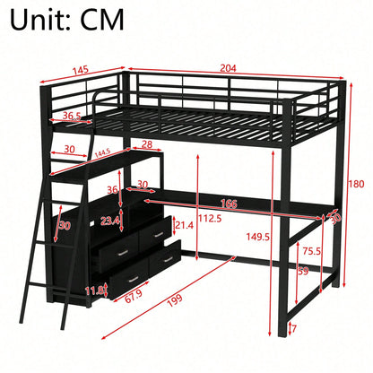 Hochbett, 140*200cm , Eisenrahmenbett, praktische Schubladen, stilvoller L-förmiger Schreibtisch, Laminatdesign, Ohne Matratze, Weiß