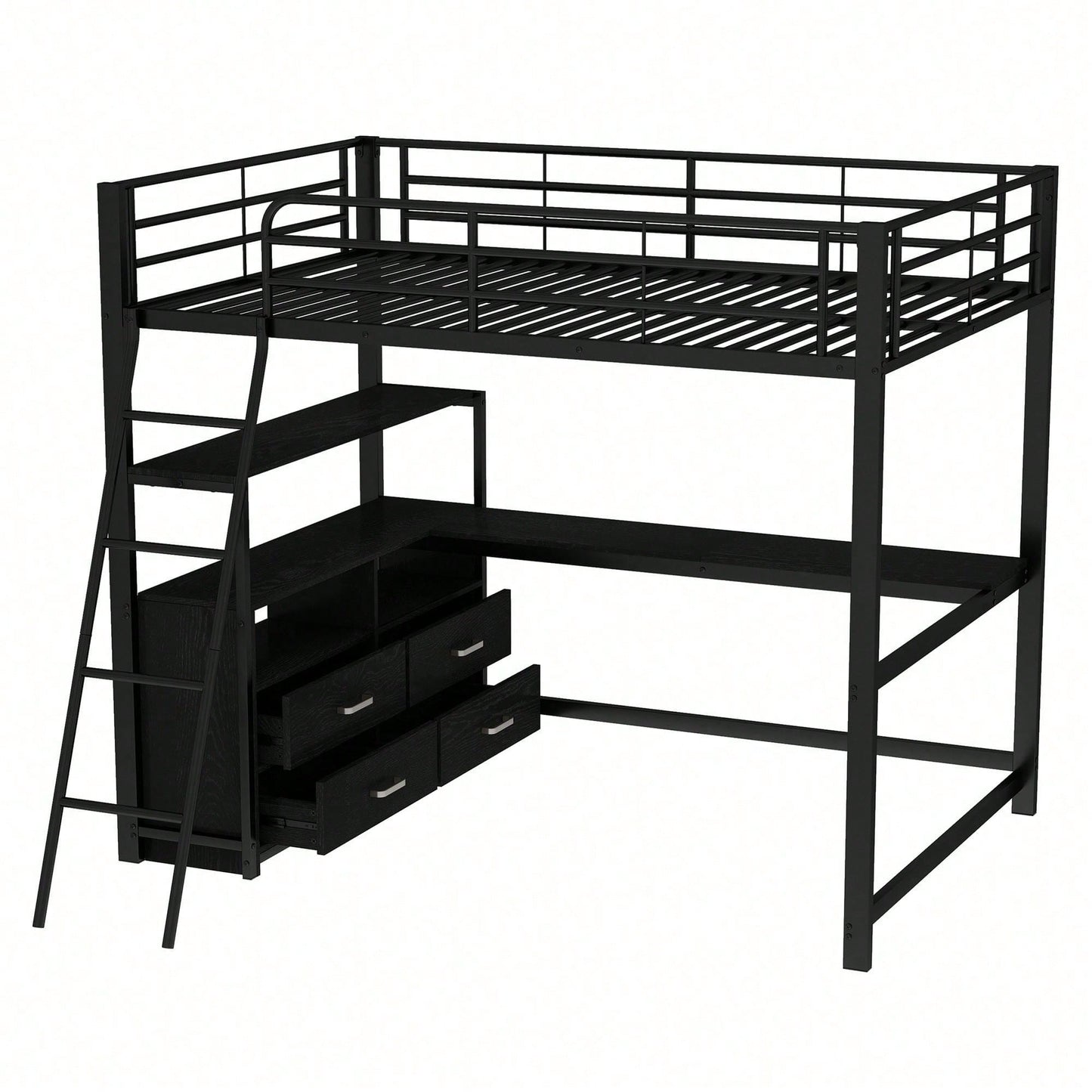 Hochbett, 140*200cm , Eisenrahmenbett, praktische Schubladen, stilvoller L-förmiger Schreibtisch, Laminatdesign, Ohne Matratze, Weiß