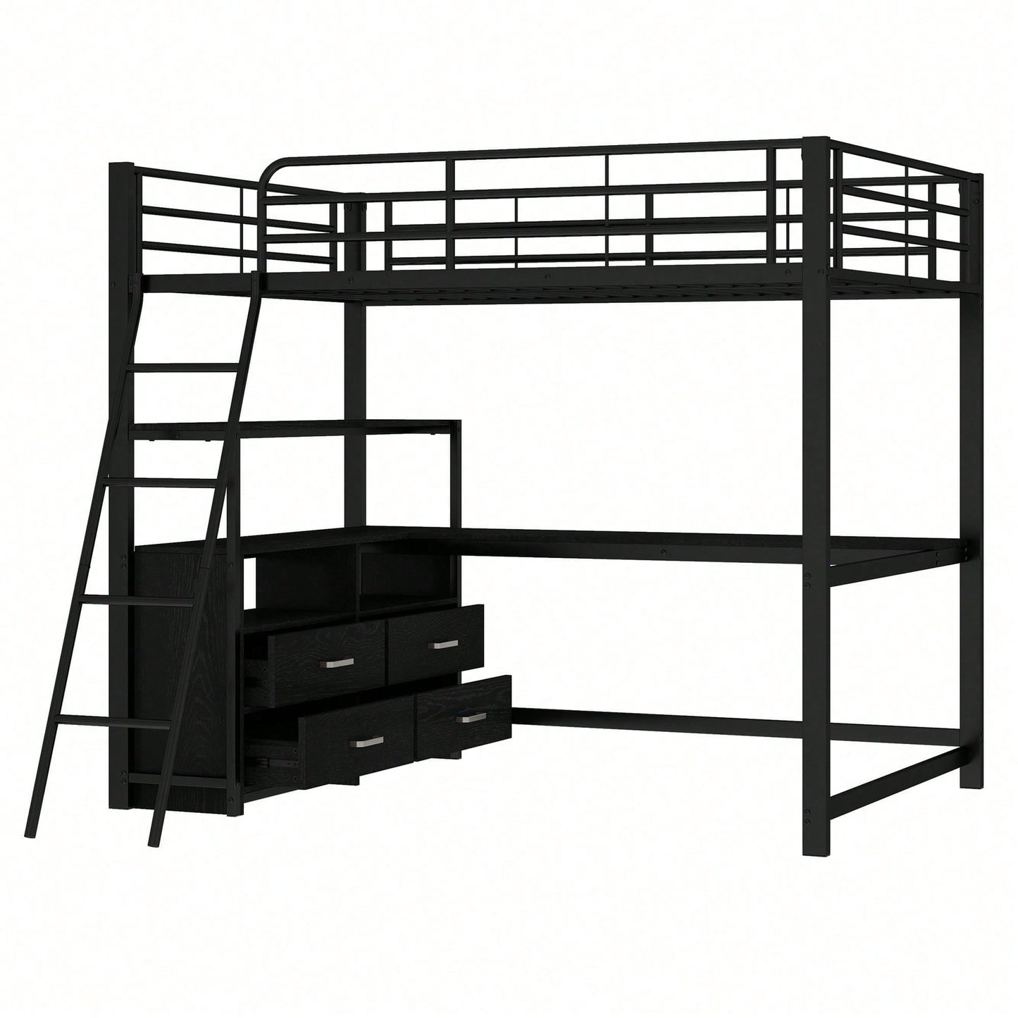 Hochbett, 140*200cm , Eisenrahmenbett, praktische Schubladen, stilvoller L-förmiger Schreibtisch, Laminatdesign, Ohne Matratze, Weiß