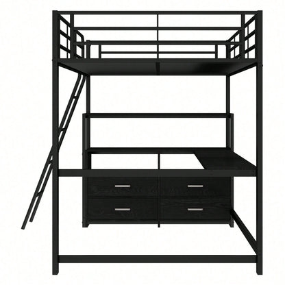 Hochbett, 140*200cm , Eisenrahmenbett, praktische Schubladen, stilvoller L-förmiger Schreibtisch, Laminatdesign, Ohne Matratze, Weiß