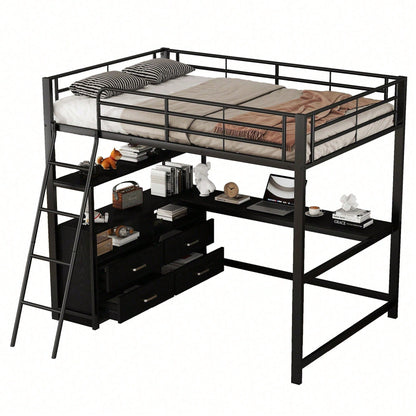Hochbett, 140*200cm , Eisenrahmenbett, praktische Schubladen, stilvoller L-förmiger Schreibtisch, Laminatdesign, Ohne Matratze, Weiß