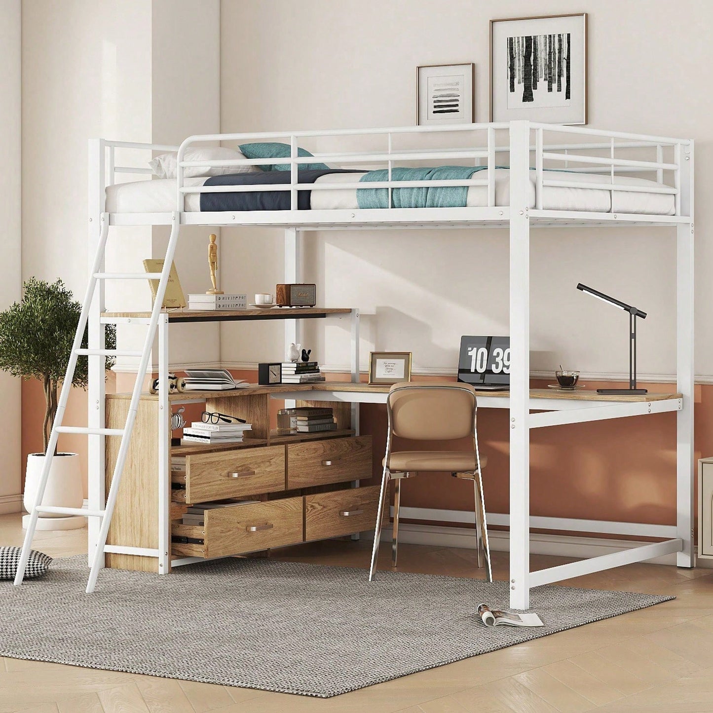 Hochbett, 140*200cm , Eisenrahmenbett, praktische Schubladen, stilvoller L-förmiger Schreibtisch, Laminatdesign, Ohne Matratze, Weiß