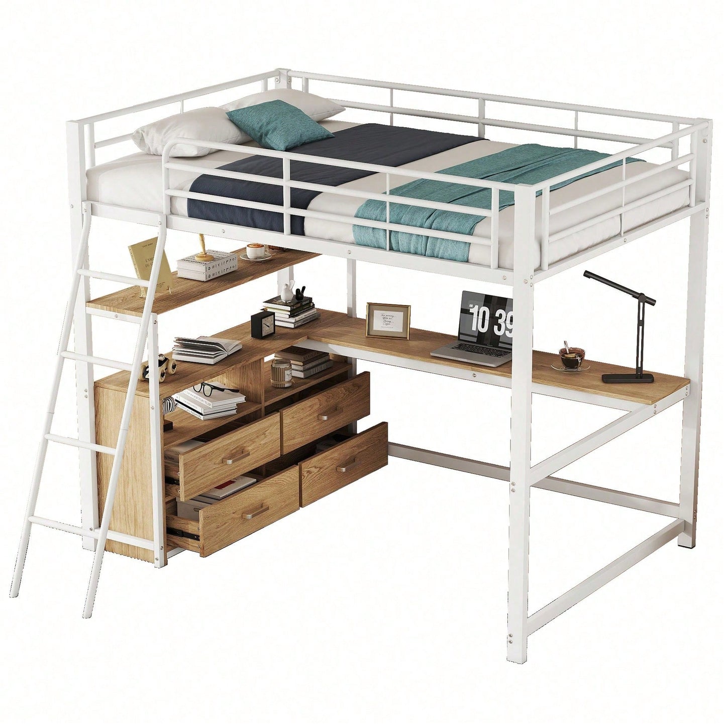 Hochbett, 140*200cm , Eisenrahmenbett, praktische Schubladen, stilvoller L-förmiger Schreibtisch, Laminatdesign, Ohne Matratze, Weiß