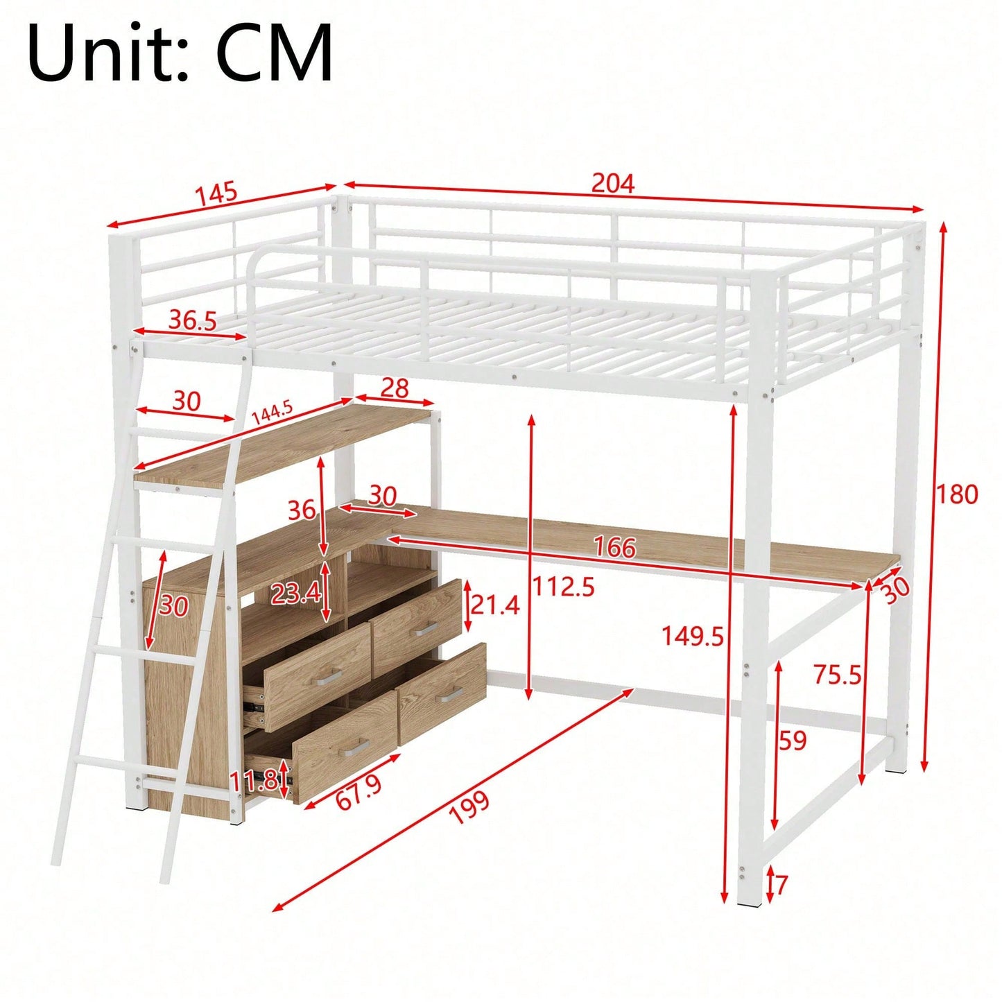 Hochbett, 140*200cm , Eisenrahmenbett, praktische Schubladen, stilvoller L-förmiger Schreibtisch, Laminatdesign, Ohne Matratze, Weiß