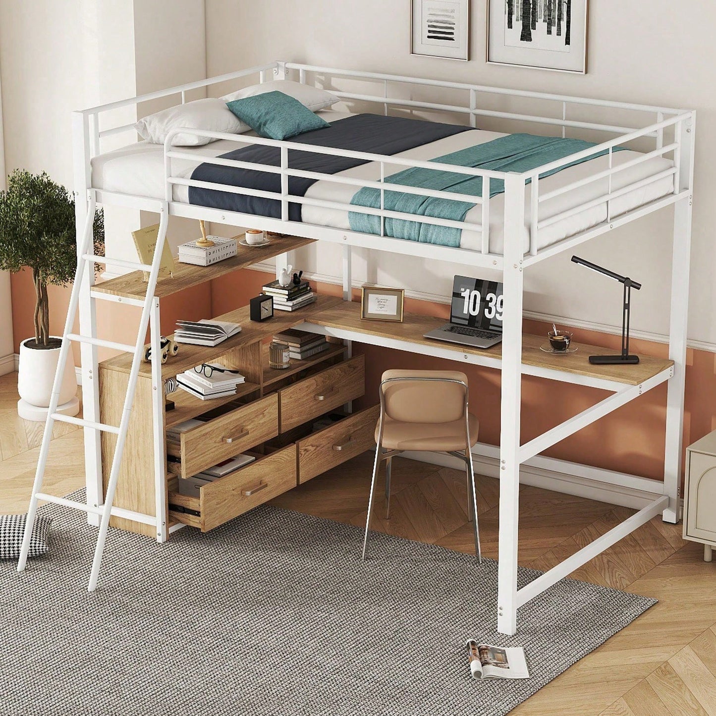 Hochbett, 140*200cm , Eisenrahmenbett, praktische Schubladen, stilvoller L-förmiger Schreibtisch, Laminatdesign, Ohne Matratze, Weiß